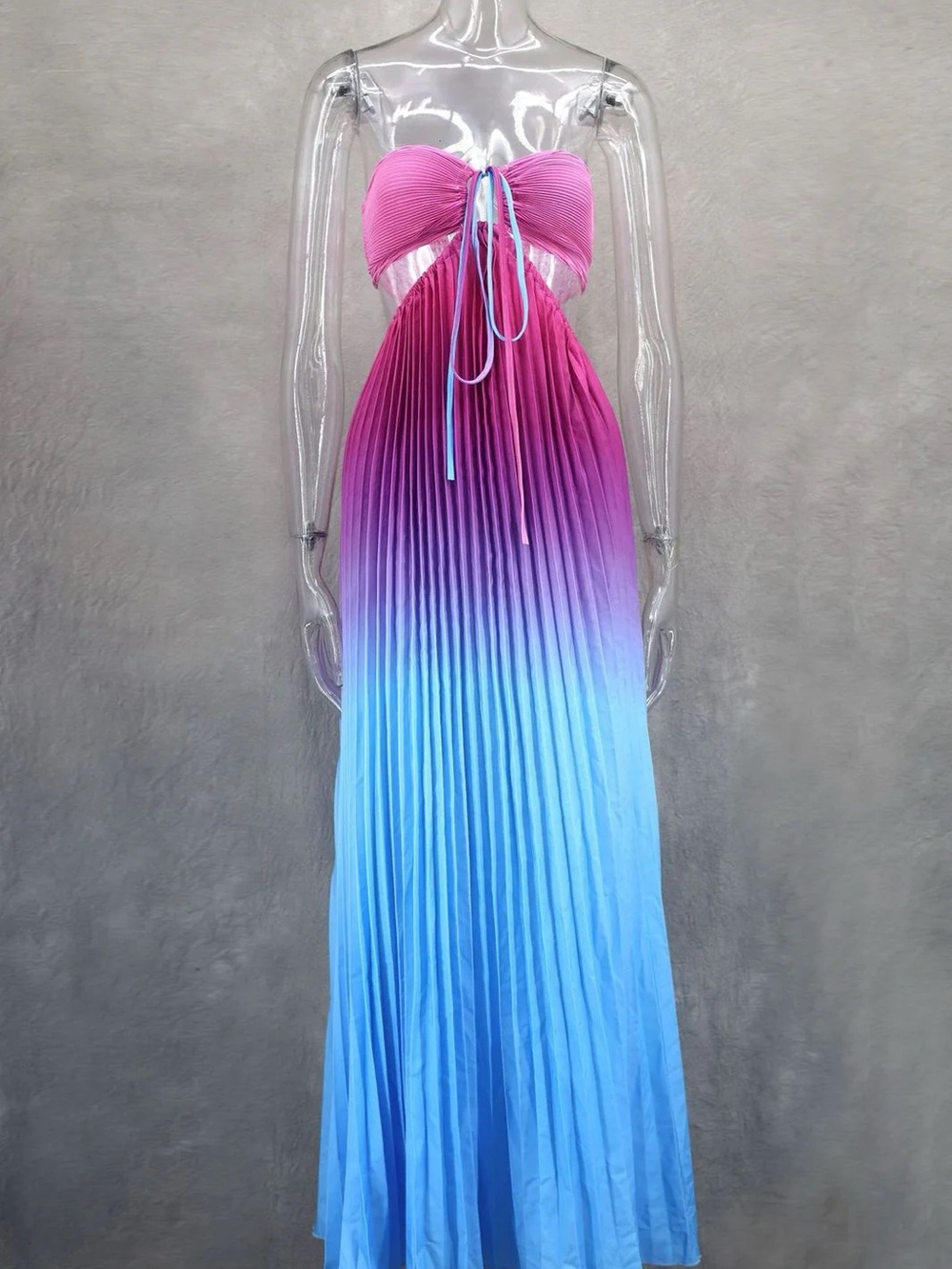 Boutique Gradient Halter Pleated Maxi Dress in Pink to Blue Ombre - Picture 9 of 9